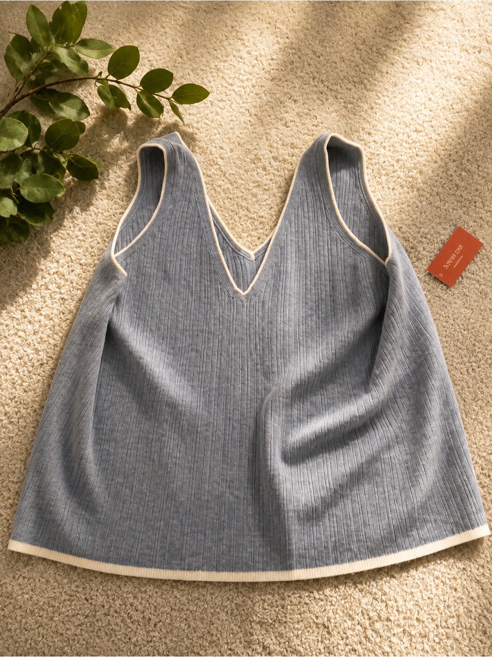 State of Day Light Blue Ribbed V-Neck Tank with Cream Trim